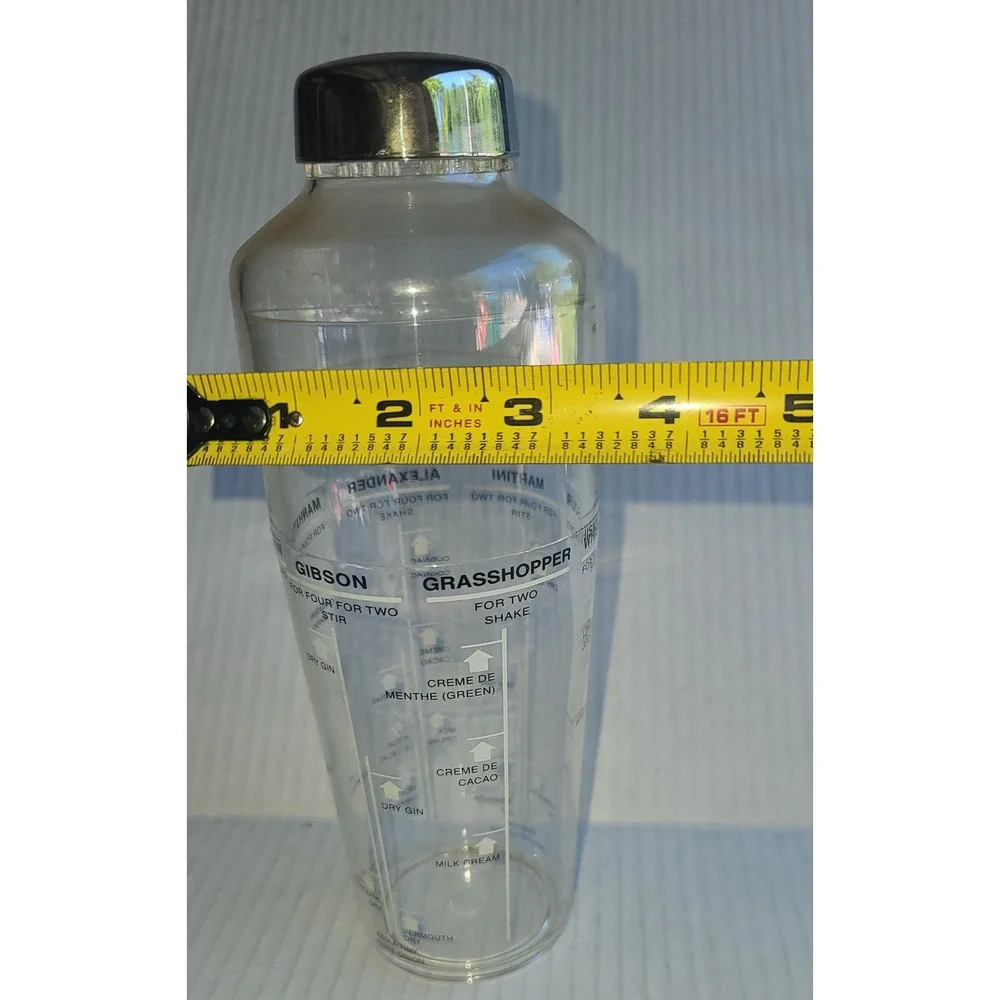 Clear Acrylic Cocktail Shaker with Printed Drink Recipes and Measurements 9.5
